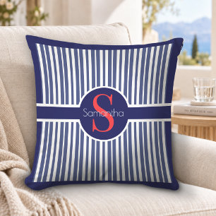 Cojín Decorativo Elegante Monograma Inicial con Rayas de Azul Marin