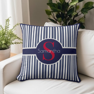 Cojín Decorativo Elegante Monograma Inicial de Rayas Rojo y Azul Ma