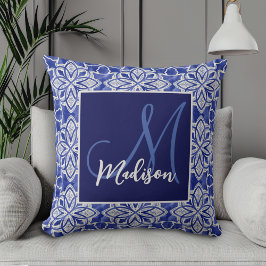 Cojín Decorativo Elegante Monograma Inicial Geométrico Gris Azul