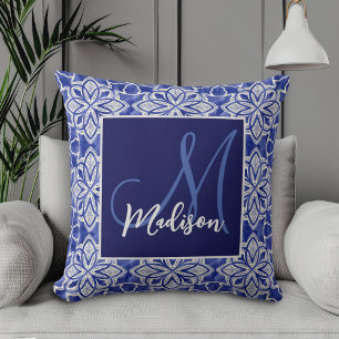 Cojín Decorativo Elegante Monograma Inicial Geométrico Gris Azul