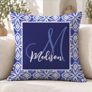 Cojín Decorativo Elegante Monograma Inicial Geométrico Gris Azul