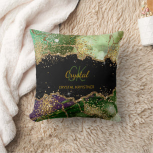 Cojín Decorativo Elegante Monograma moderno negro y verde Purpurina