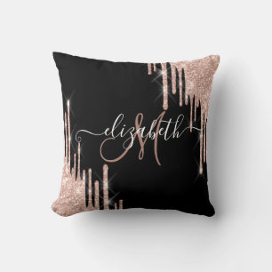 Cojín Decorativo Elegante Monograma Negro con Goteo de Brillo en Do