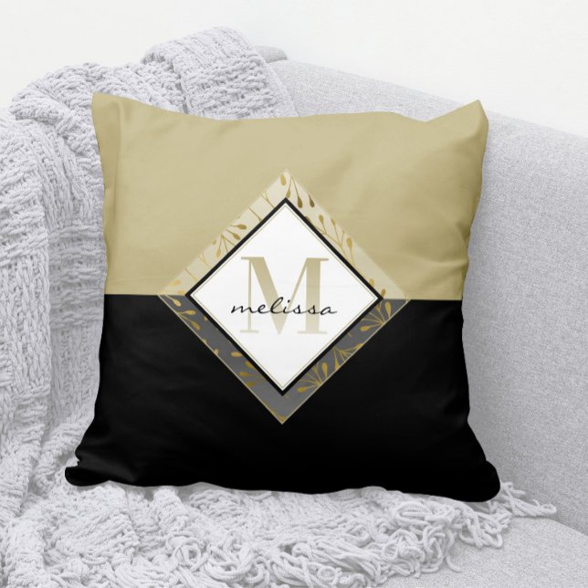 Cojín Decorativo Elegante Monograma Ombre + Nombre Negro + Tan + Or (Elegant Ombre Monogram Throw Pillow with Any Name )