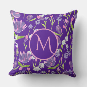 Cojín Decorativo Elegante Monograma Romántico Morado Feminino Flora