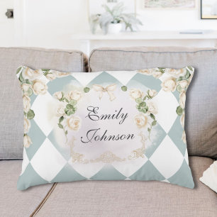 Cojín Decorativo Elegante Monograma Rosas Blancas Hojas Verdes Diam