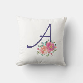 Cojín Decorativo Elegante Monograma Rosas de acuarela rosa inicial