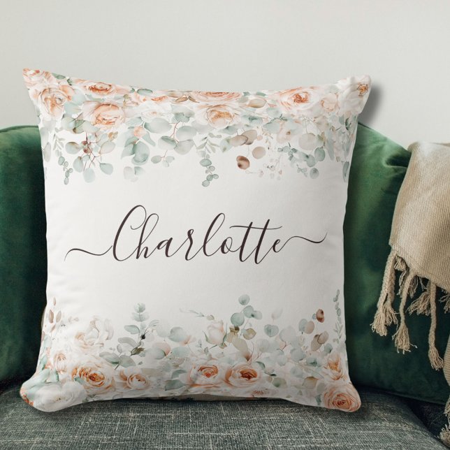 Cojín Decorativo Elegante Monograma Rústico Rosa Vegetación Floral (In situ)