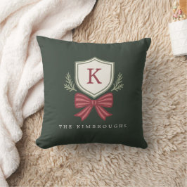 Cojín Decorativo Elegante Monograma Simple Verde Rojo Lazo Navidad