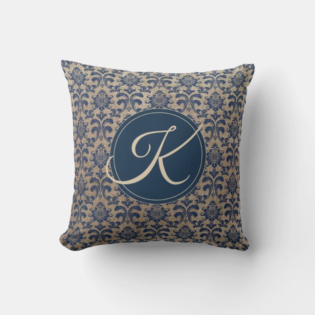 Cojín Decorativo Elegante Monograma Tan y Blue Damask (Anverso)