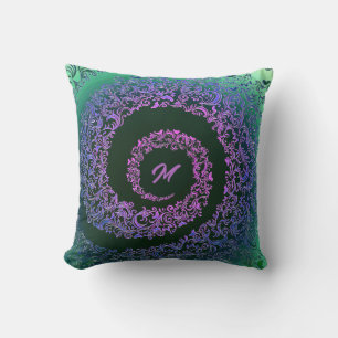 Cojín Decorativo Elegante Monograma Verde y Morado Damasco