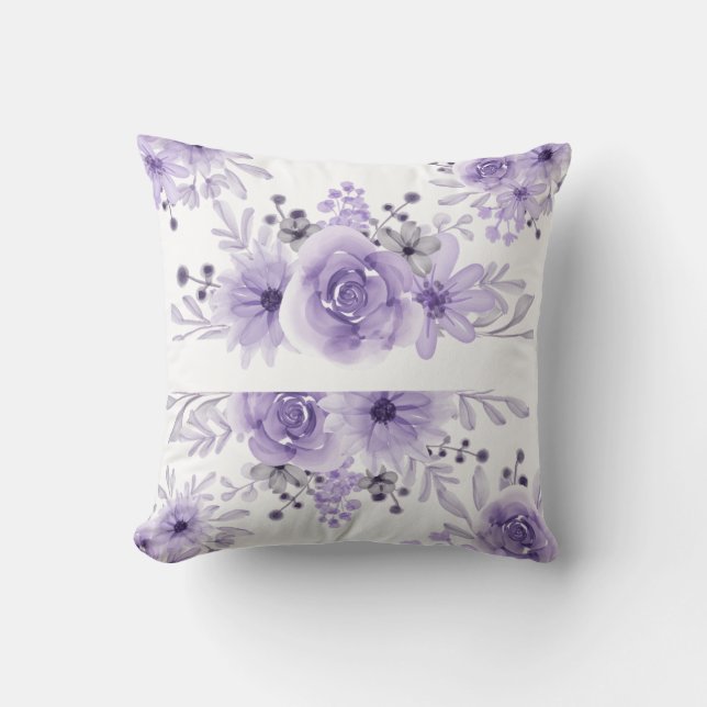 Cojín Decorativo Elegante morado Lavanda Floral acuarela (Anverso)