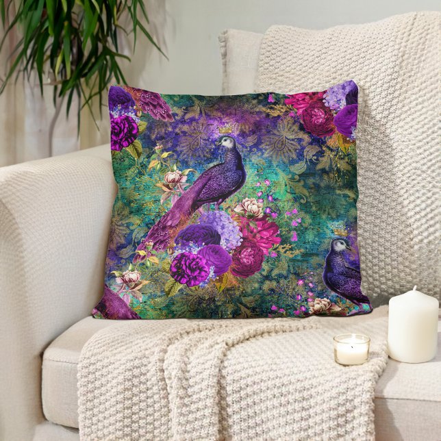 Cojín Decorativo Elegante Morado Verde azulado Peacock Floral (Elegant purple and emerald green peacock pillow)