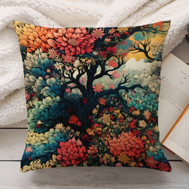 Cojín Decorativo Elegante Naranja quemado Verde azulado Gold Nature (Orange and teal leaves in forest pillow)