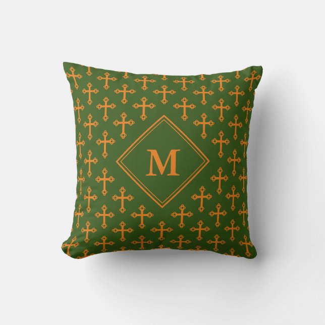 Cojín Decorativo Elegante Naranja verde monograma CRUZ (Anverso)