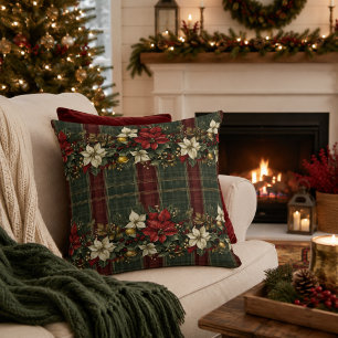 Cojín Decorativo Elegante Navidad de Burgundy y Cuadros de Flor de