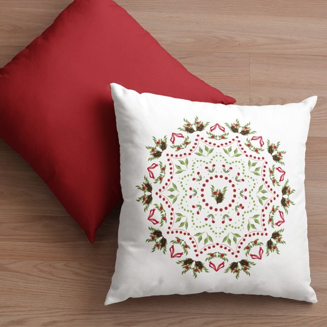 Cojín Decorativo Elegante Navidades Holly Pinecone Holiday Mandala (Christmas simple holiday wreath mandala decorative throw pillow)