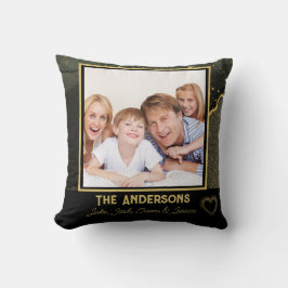 Cojín Decorativo Elegante negro y dorado Nombre de la familia y fot