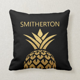 Cojín Decorativo Elegante nombre de familia negra de piña dorada