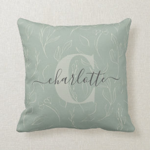 Cojín Decorativo Elegante Nombre Floral Botánico Verde Salvia Rústi