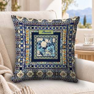 Cojín Decorativo Elegante nota monograma de cerámica azul de azulej