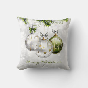 Cojín Decorativo Elegante Ornamentos de Navidad de Plata Verde Dora