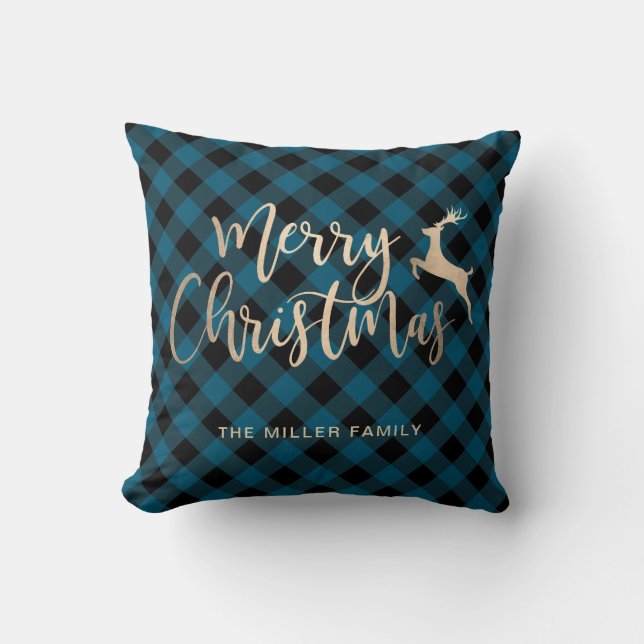 Cojín Decorativo Elegante oro Feliz Navidad Negro y Blue Plaid (Anverso)