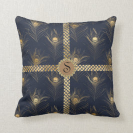 Cojín Decorativo Elegante oro Peacock Azul Monograma Bling Glam