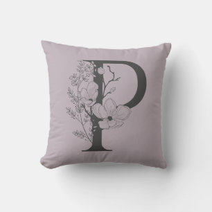 Cojín Decorativo Elegante P Boho Floral Monograma Inicial Lila Gris