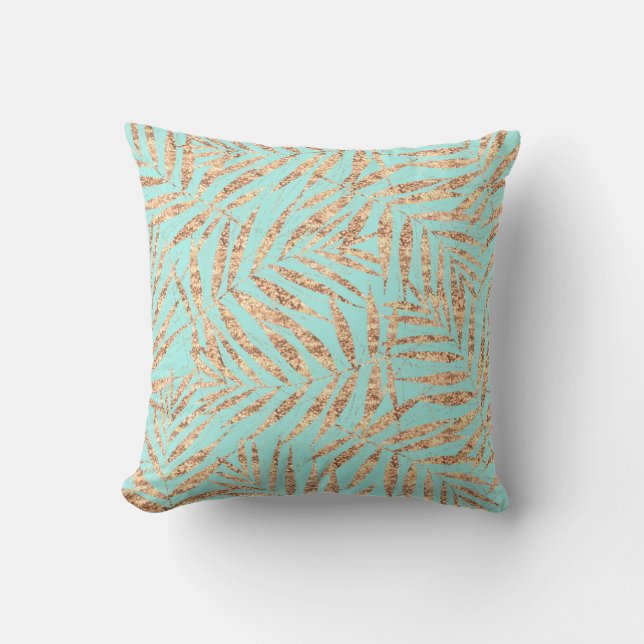 Cojín Decorativo Elegante Palm Tropical Oro Leaves Diseño de Mint (Anverso)