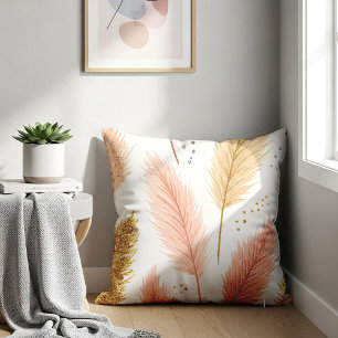 Cojín Decorativo Elegante Pampas Grass de color rosa y dorado reluc