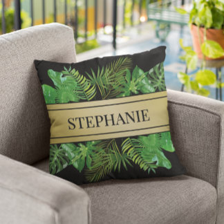 Cojín Decorativo Elegante patrón botánico de oro de color verde pál