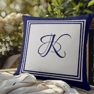 Cojín Decorativo Elegante patrón cuadrado gris azul monograma inici