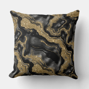 Cojín Decorativo Elegante patrón de ágata con brillo negro y dorado