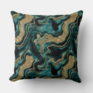 Cojín Decorativo Elegante patrón de ágata con brillo teal y dorado
