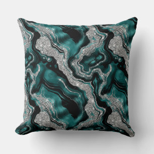Cojín Decorativo Elegante patrón de ágata con brillo teal y plata