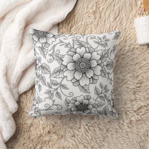 Cojín Decorativo Elegante patrón de arte de línea floral en blanco