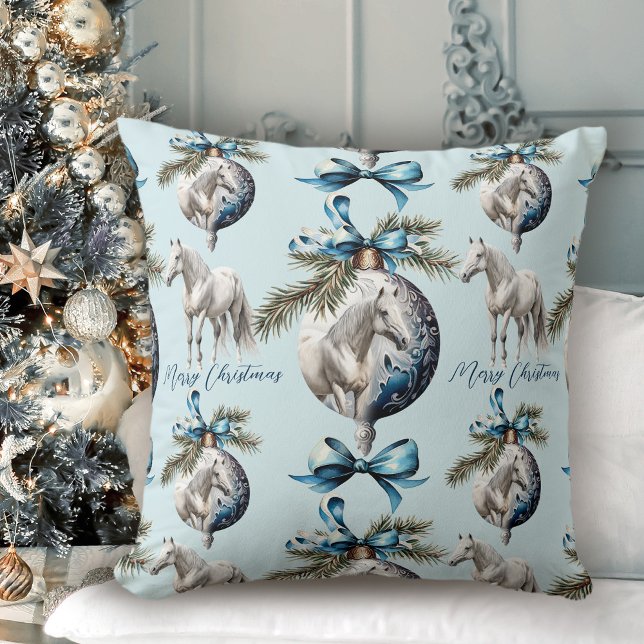 Cojín Decorativo Elegante patrón de caballo blanco para Navidades a (Elegant blue Christmas white horse pattern Throw Pillow)