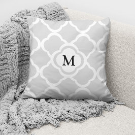 Cojín Decorativo Elegante Patrón de Cuatro Hojas Monogramado Gris