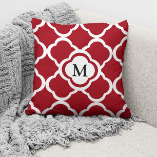 Cojín Decorativo Elegante Patrón de Cuatro Hojas Rojo con Monograma