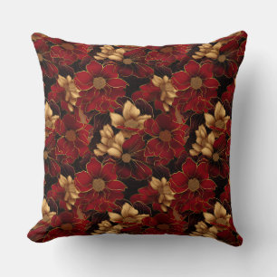 Cojín Decorativo Elegante patrón de mármol floral rojo, negro y dor