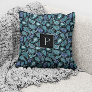 Cojín Decorativo Elegante Patrón de Paisley Azul Retro Monogramado