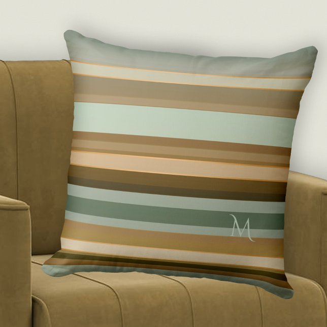 Cojín Decorativo Elegante patrón de rayas gris marrón verde pino (Pillow featuring an elegant striped pattern in pine green with grey brown and small rose gold lines)
