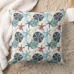 Cojín Decorativo Elegante patrón de tesoros oceánicos azules y dora