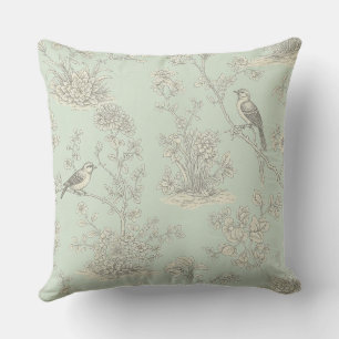 Cojín Decorativo Elegante patrón de toile botánico de pájaro salvia