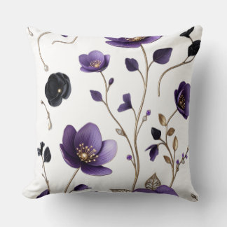 Cojín Decorativo Elegante patrón floral botánico 3D púrpura y dorad