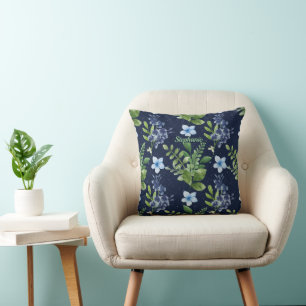 Cojín Decorativo Elegante patrón floral de acuarela azul