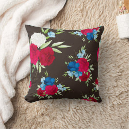 Cojín Decorativo Elegante patrón floral rojo azul sobre marrón oscu