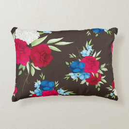 Cojín Decorativo Elegante patrón floral rojo azul sobre marrón oscu