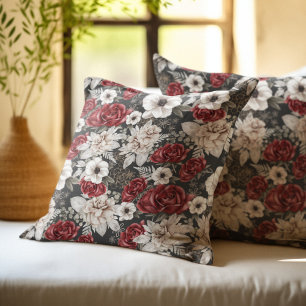 Cojín Decorativo Elegante patrón floral rosa gris burgundy